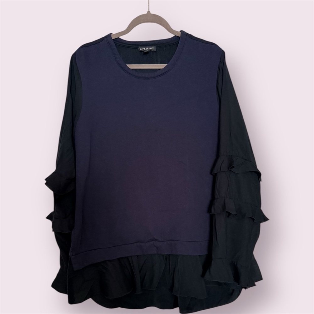 Lane Bryant Navy and Black Ruffle Sleeve Blouse